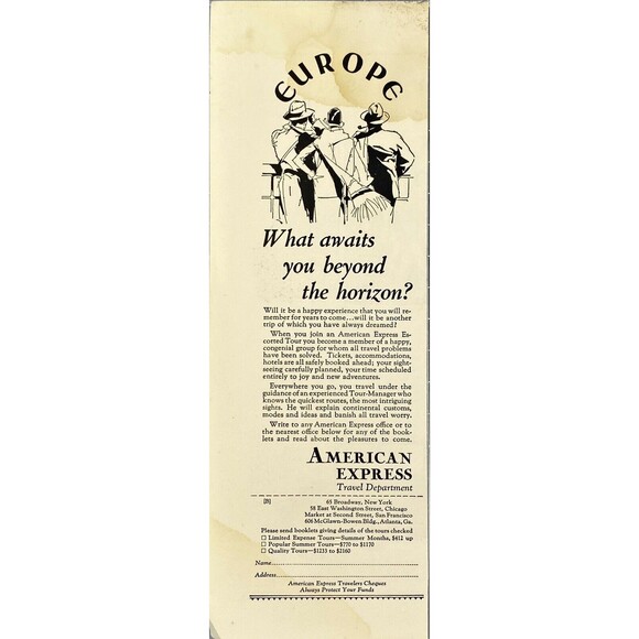 American Express "What Awaits You Beyond the Horizon?" Vintage Print Ad 1929 - Picture 1 of 3